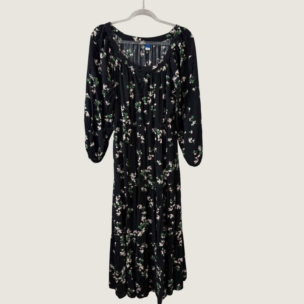 Old Navy Floral Dress Black Pink Green Sz L Cottagecore Boho Tiered Long Sleeve